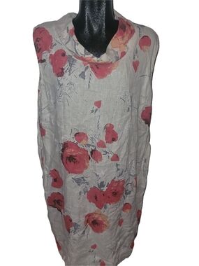 Sleeveless Cream Floral Print Linen Tunic Dress Size XL